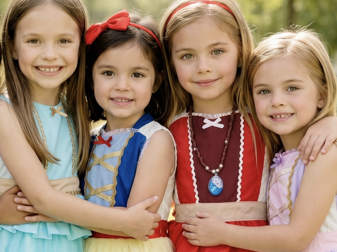 Cuatro niñas con delantales de princesa — Algodón D' Azúcar