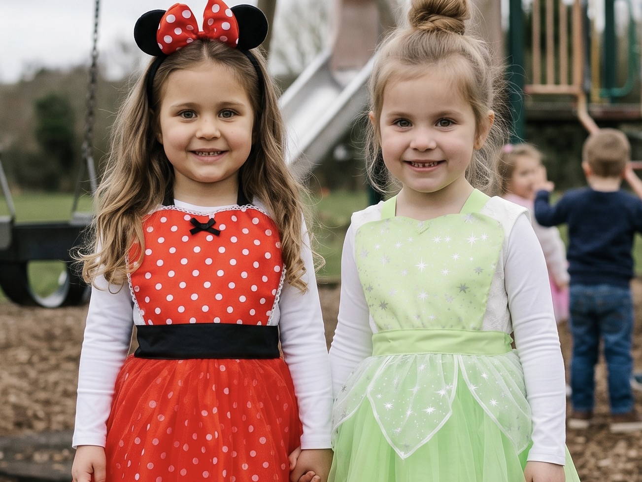 Niñas con delantales Minnie y Campanita en el parque