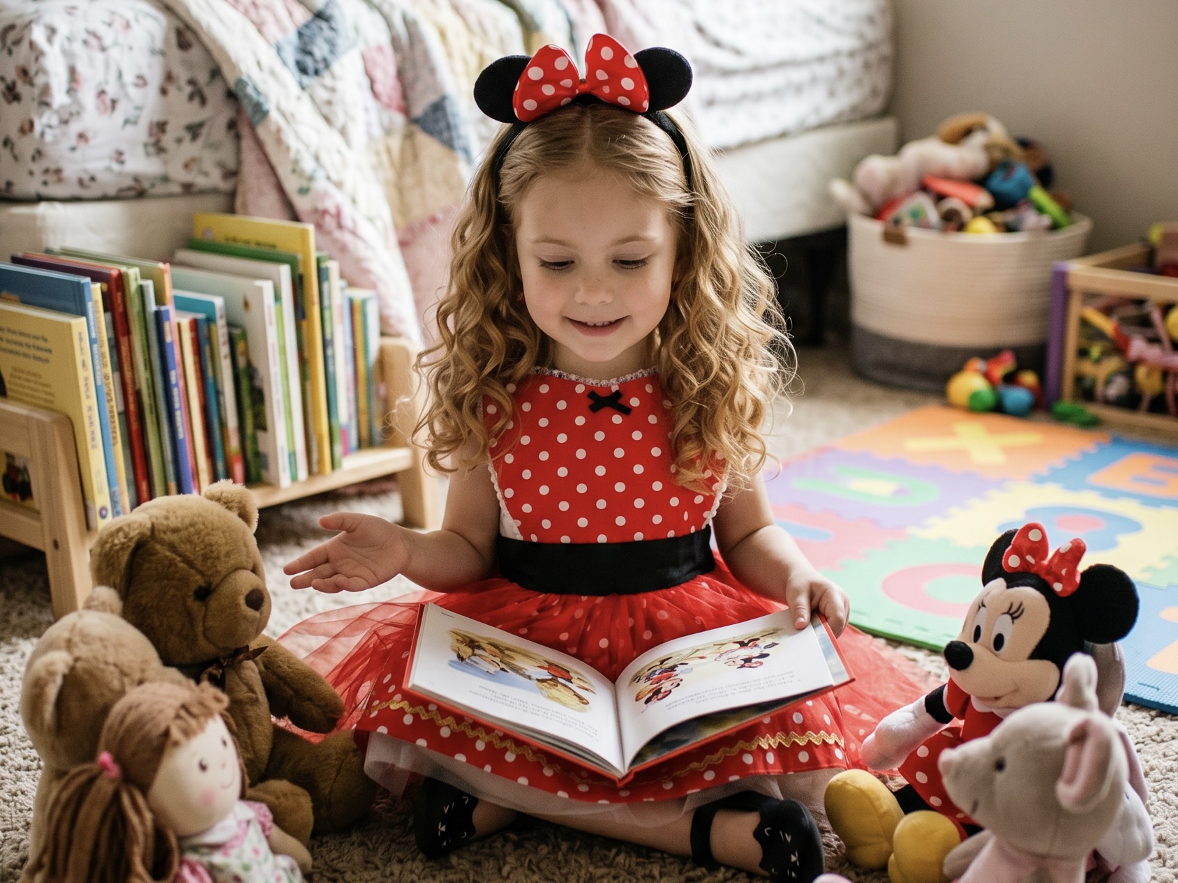 Niña leyendo con su delantal de Minnie