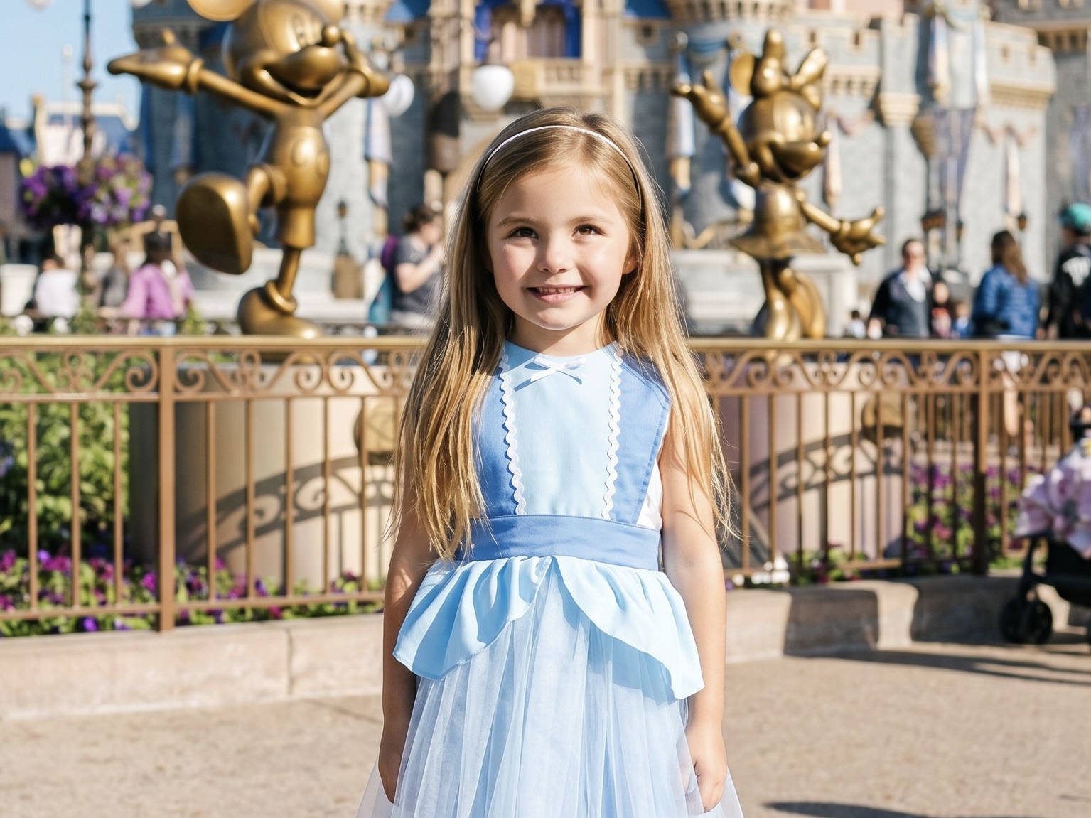 Niña con delantal de Cenicienta frente al castillo