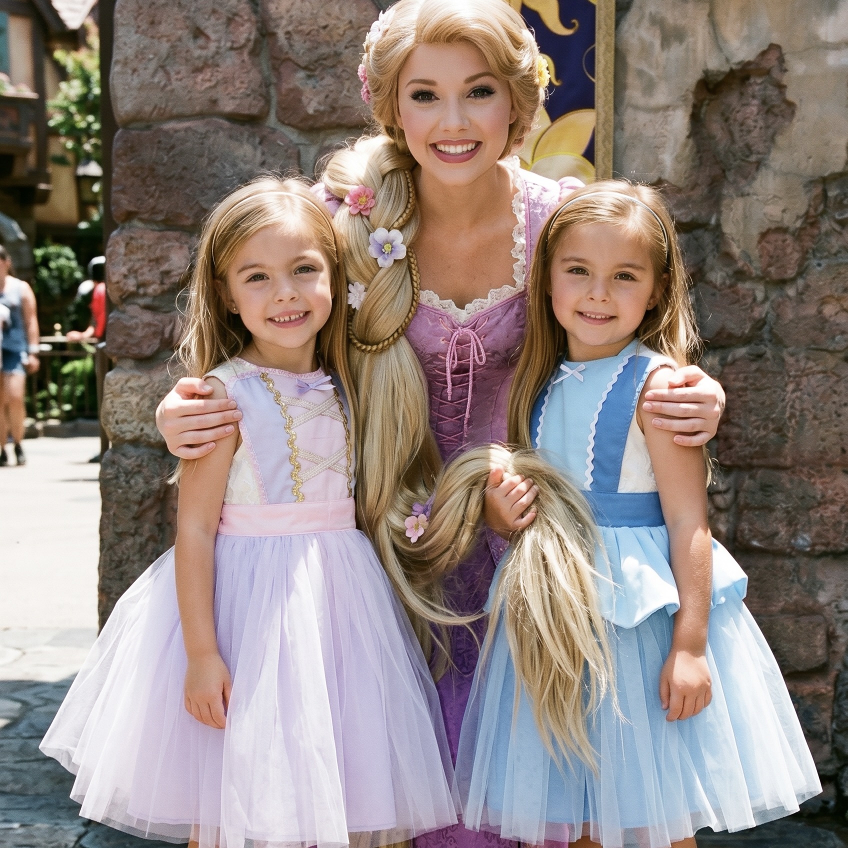 Niñas con sus delantales conociendo a Rapunzel