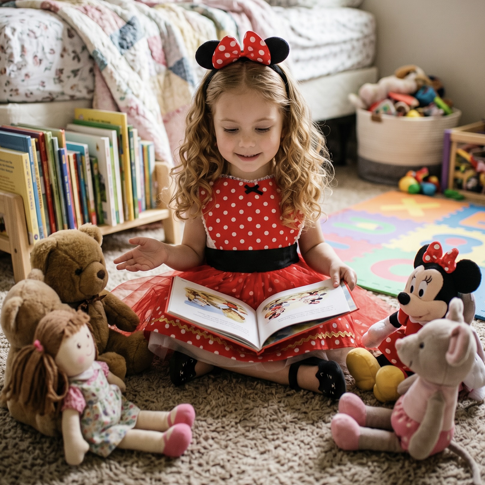 Niña leyendo con su delantal de Minnie