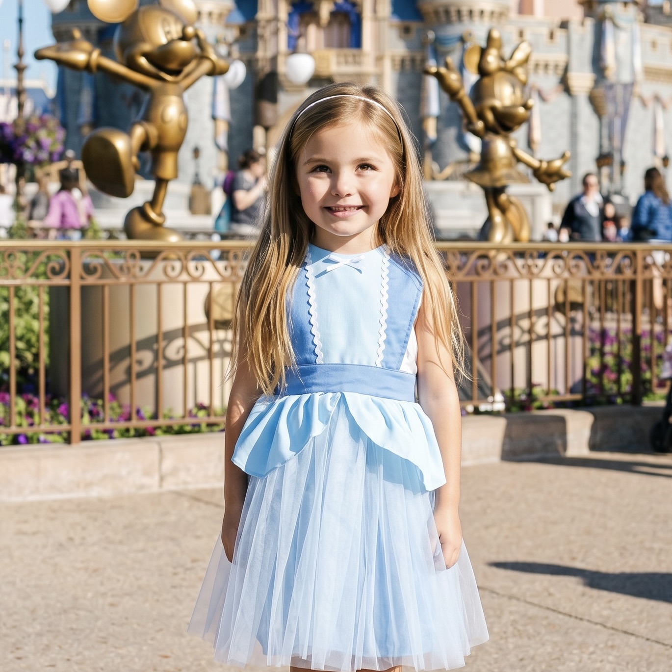 Niña con delantal de Cenicienta frente al castillo