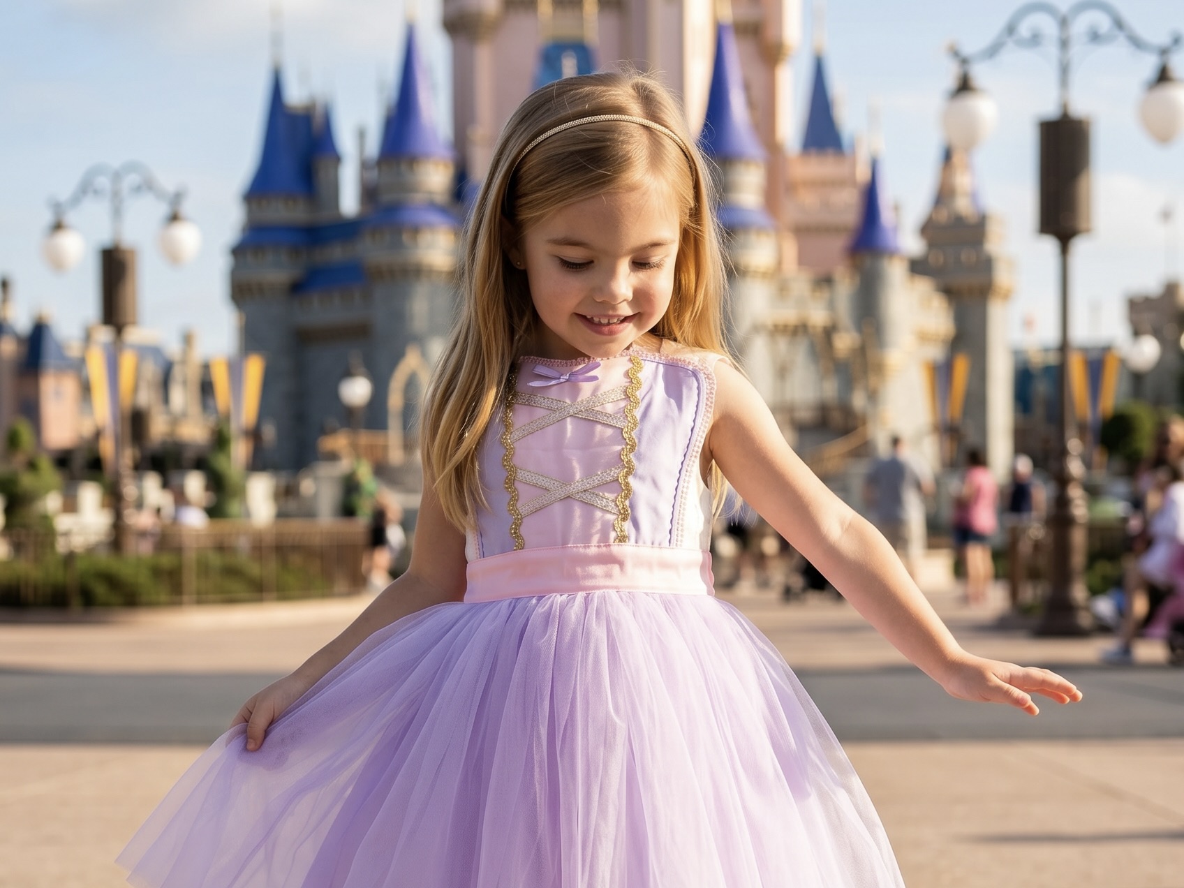 Niña con delantal de Rapunzel frente al castillo