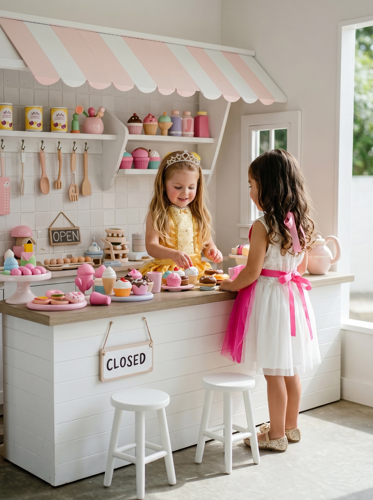 Niñas jugando en la pastelería con sus delantales